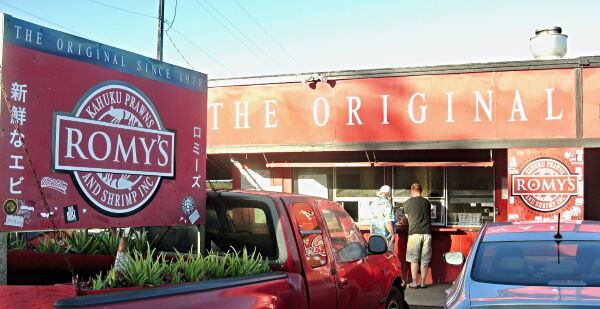 Romy's Kahuku Prawns and Shrimp Inc. food shack sign.