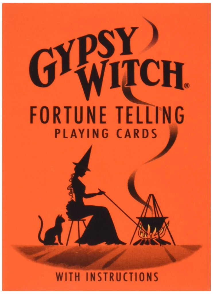 The orange and black deck case of Gypsy Witch fortune telling cards.