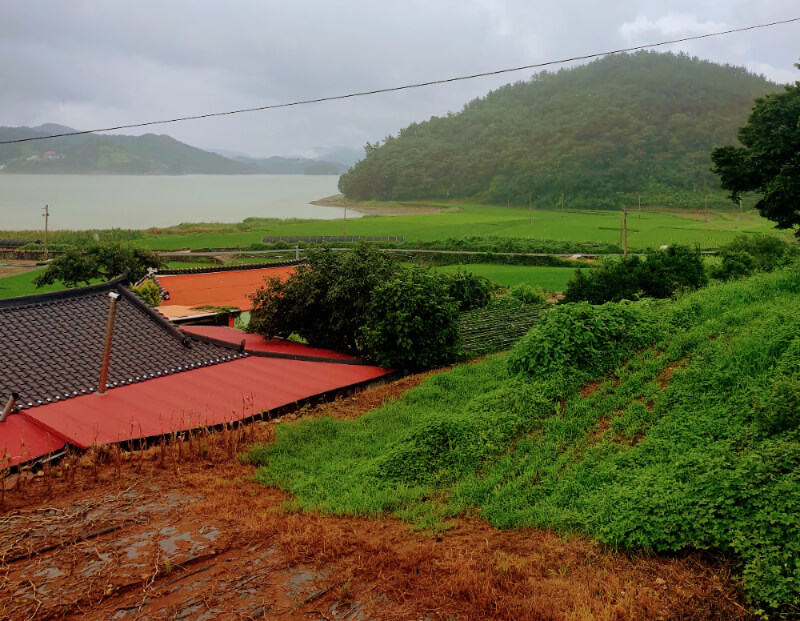 Bright colors of red, orange and green pop out against a grey seaside background in the coastal island Namhae, South Korea.